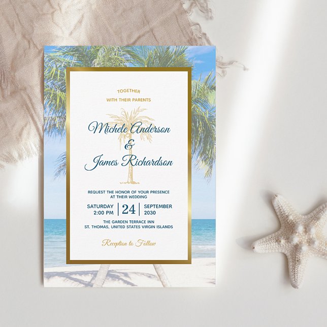 Invitation Mariage photo Tropical Gold Palm Tree Beach (Créateur téléchargé)