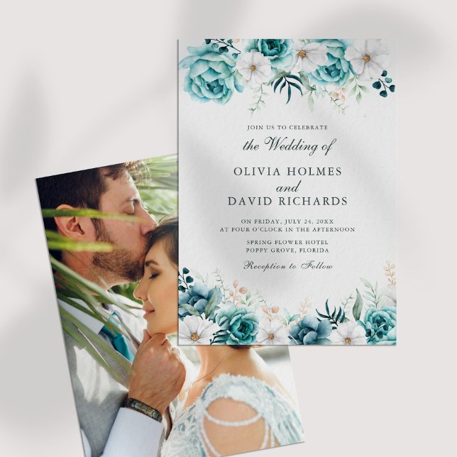 Invitation Mariage photo Turquoise blanc (Off-White Teal Floral Custom Photo Wedding Invitation on a white table.)