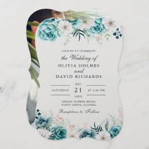 Invitation Mariage photo turquoise Fleur sauvage blanc blanc