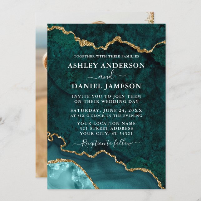 Invitation Mariage photo turquoise Gold Marble Agate Géode (Devant / Derrière)