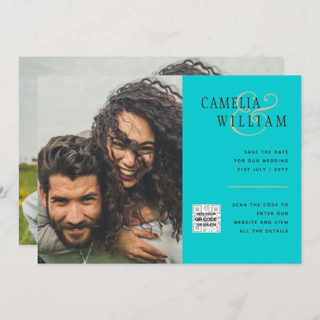 Invitation Mariage photo turquoise Inviter QR Code Enregistre (Devant / Derrière)
