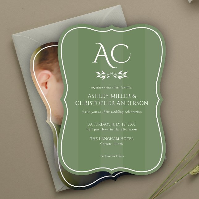 Invitation Mariage photo vert émaillé de monogramme minimal (Créateur téléchargé)
