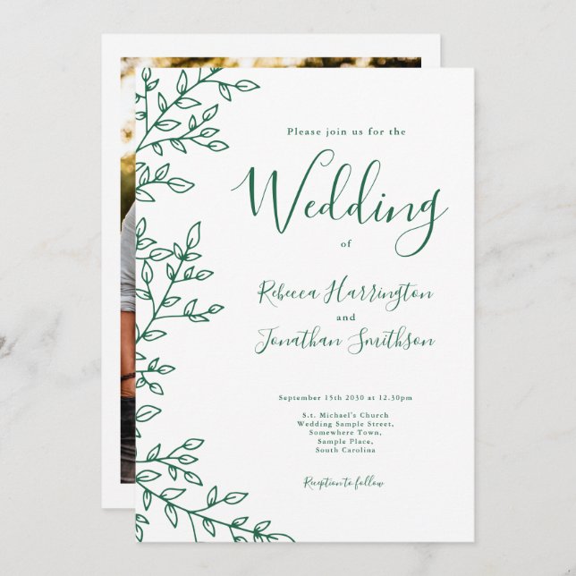Invitation Mariage photo vert émeraude blanc à feuille minima (Devant / Derrière)