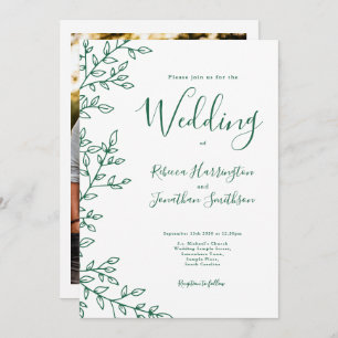 Invitation Mariage photo vert émeraude blanc à feuille minima