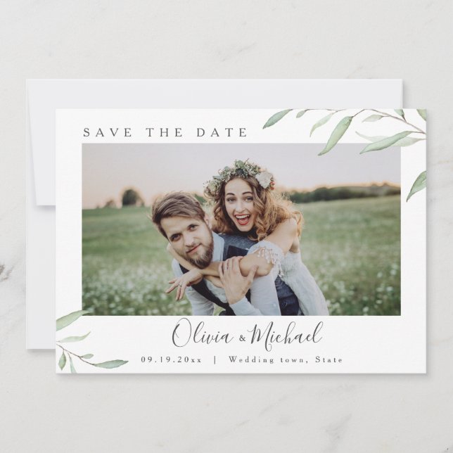 Invitation Mariage photo vert minimal enregistrer la date (Devant)