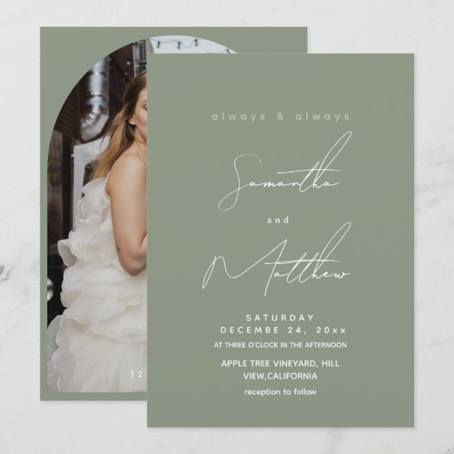 Invitation Mariage Photo Vert Sauge Moderne  (Devant / Derrière)