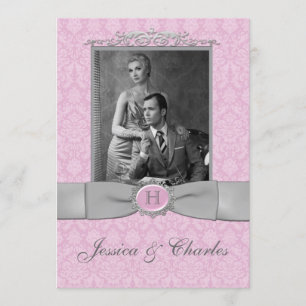 Invitation Mariage photo Vintage de rouleaux de Damas roses e
