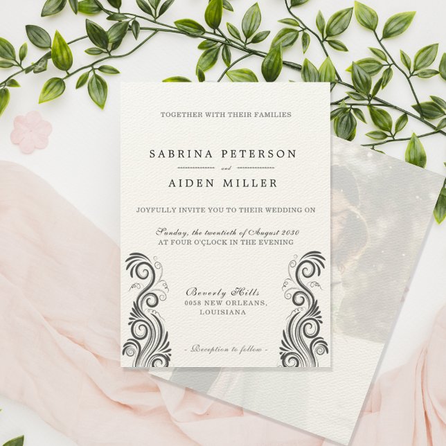 Invitation Mariage photo vintage Flourish Black Monogramme (Créateur téléchargé)