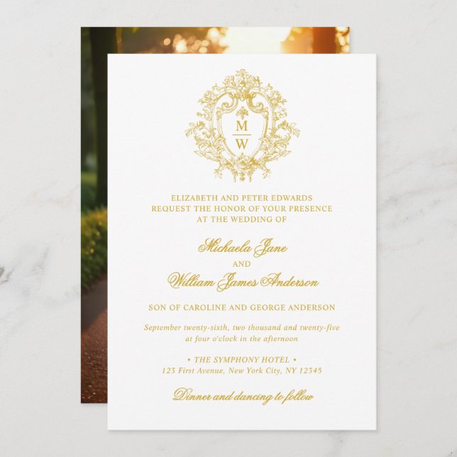 Invitation Mariage photo vintage Regency Monogram Crest (Devant / Derrière)