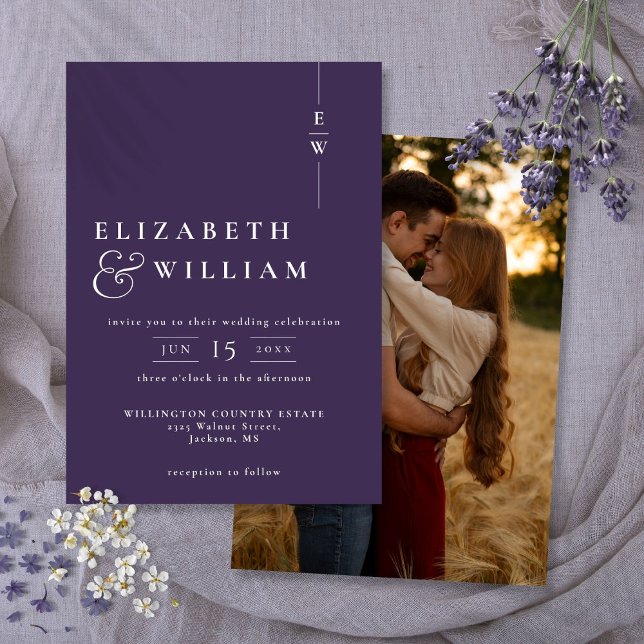 Invitation Mariage photo violet moderne élégant Monogramme (Purple Modern Elegant Monogram Photo Wedding Invitation)