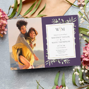 Invitation Mariage photo violet Monogram Greenery