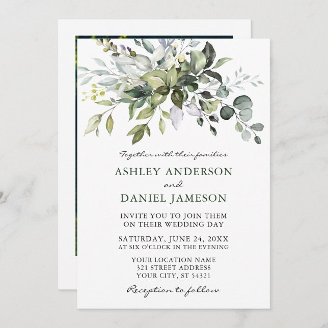 Invitation Mariage photo Watercolor Greenery (Devant / Derrière)