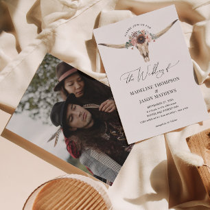 Invitation Mariage photo Western Bohemian Floral Cow Skull