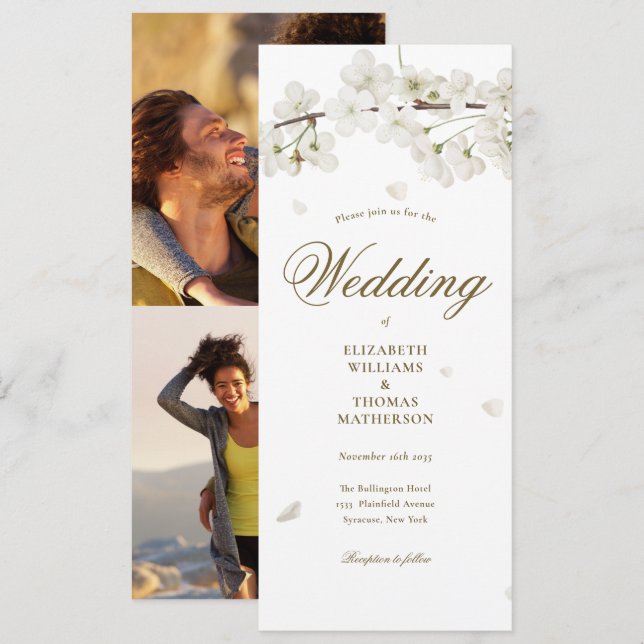 Invitation Mariage photo White Blossom Gold Script 2 (Devant / Derrière)