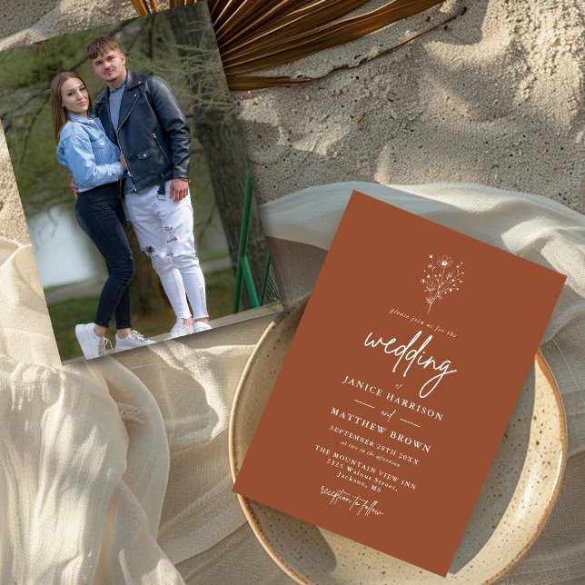 Invitation Mariage Photographique Botanique Orange Brûlé Rust (Burnt orange botanical photo invitation showcases your love story with a warm personalized touch)