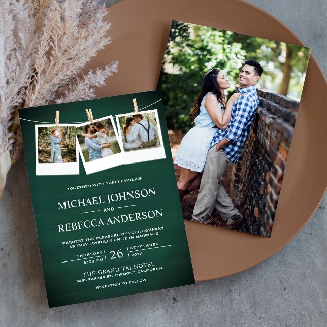Invitation Mariage Photographique en Bois de Grange Vert Rust (Créateur téléchargé)