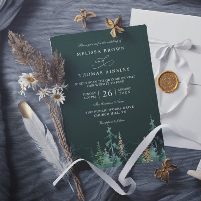 Invitation Mariage PINE Vert Émeraude et Or Code QR (Créateur téléchargé)