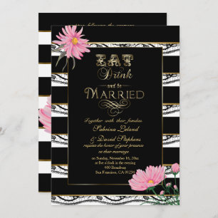 Invitation Mariage Pink Mums Black Lace White Stripes