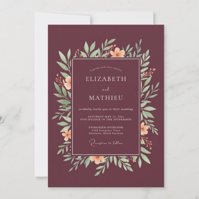 Invitation Mariage Pittoresque Automnal de Teinte Bordeaux (Devant)