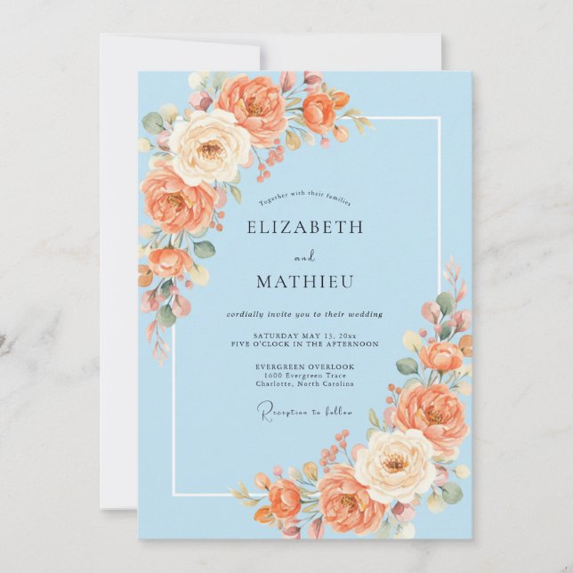 Invitation Mariage Pivoine Abricot Azur (Devant)