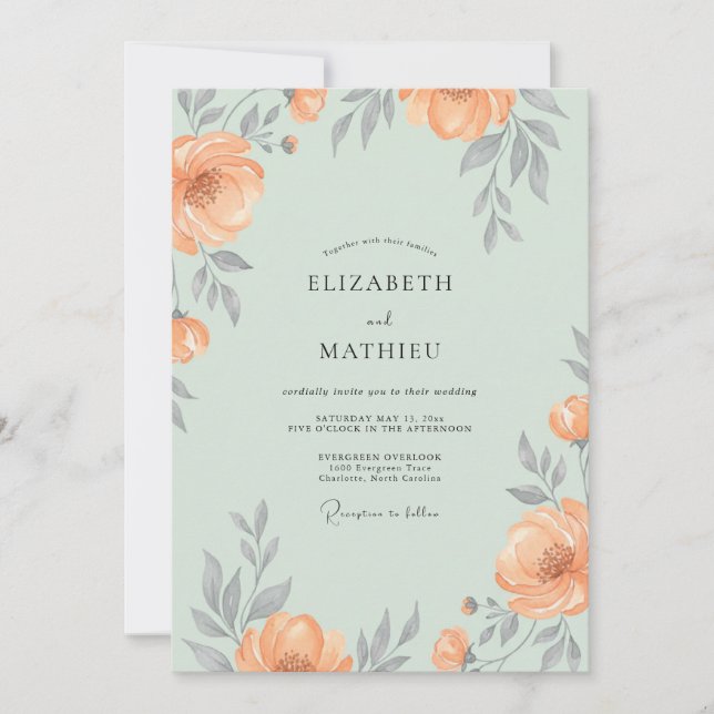 Invitation Mariage Pivoine Abricot Mousse de Mer (Devant)