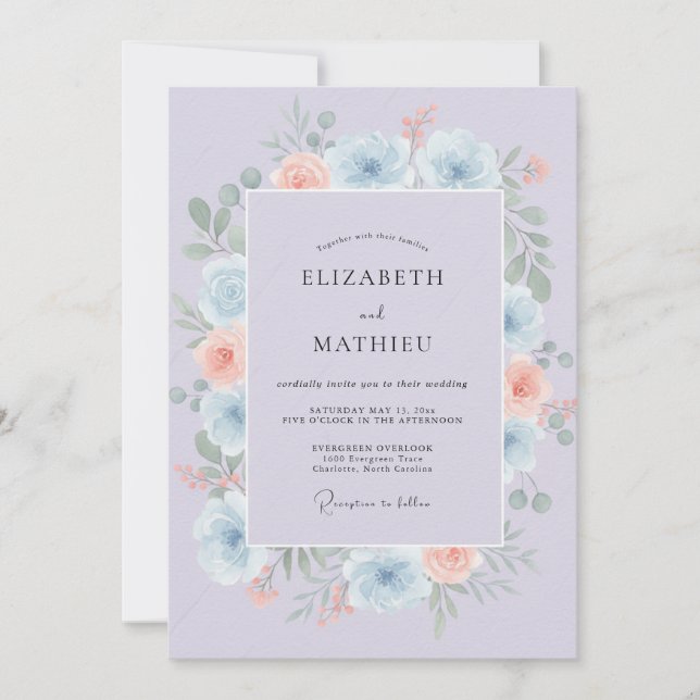Invitation Mariage Pivoine Abricot Pervenche (Devant)