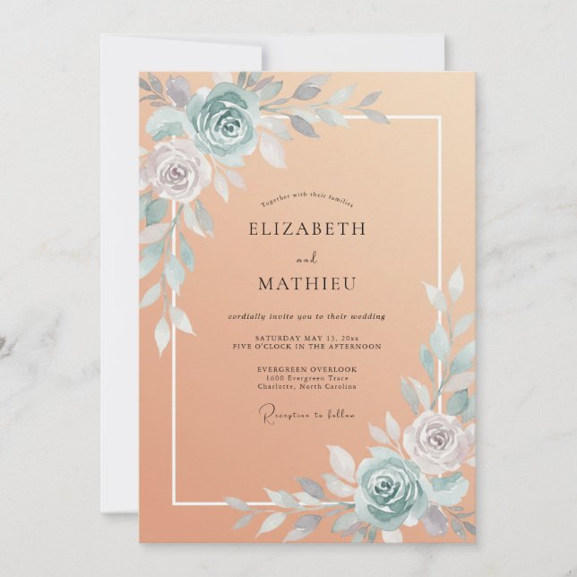 Invitation Mariage Pivoine Acier Abricot (Devant)
