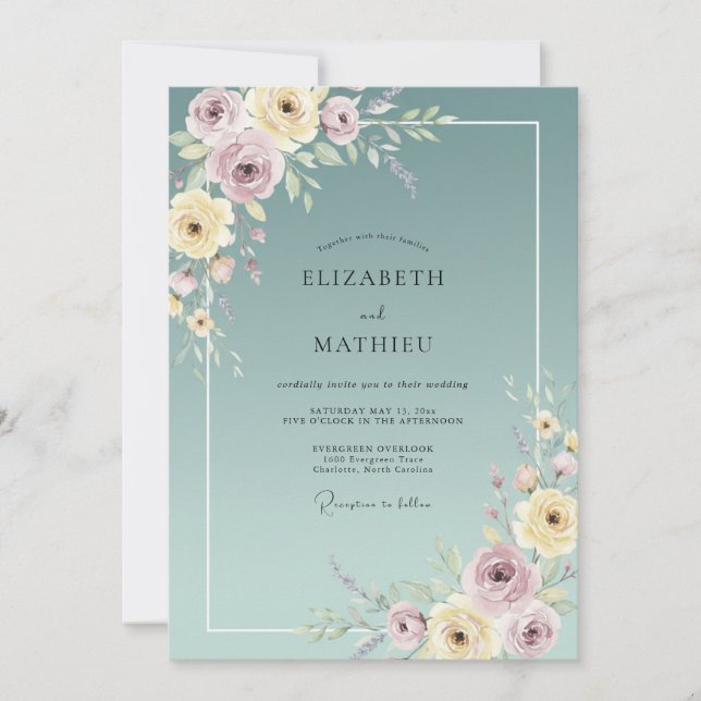 Invitation Mariage Pivoine Acier Poussiéreux (Devant)