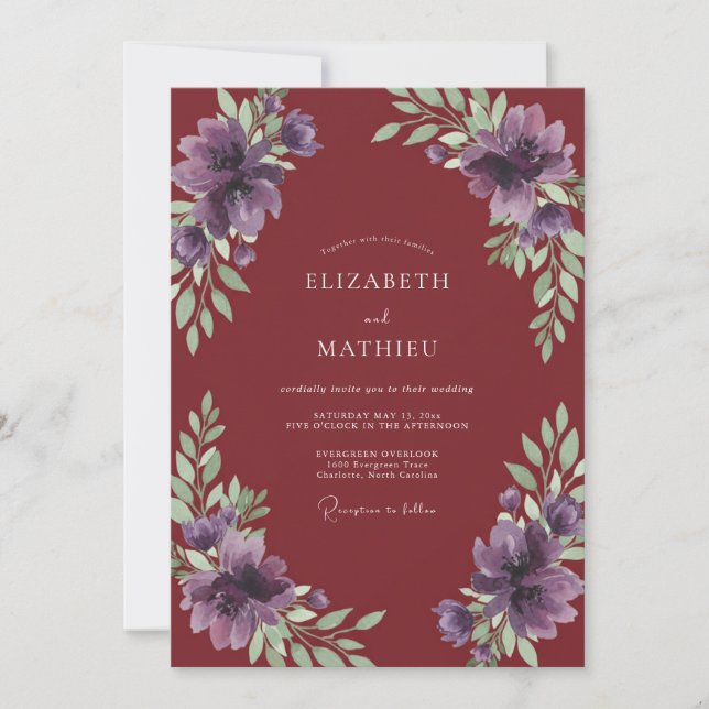 Invitation Mariage Pivoine Améthyste Bourgogne (Devant)