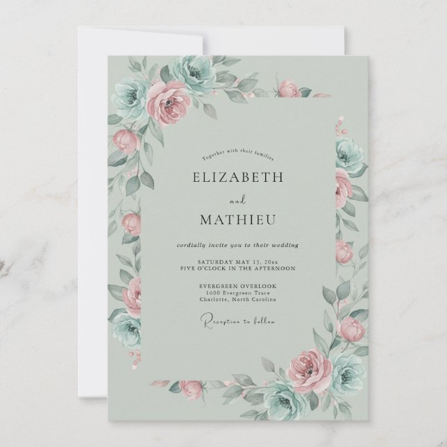 Invitation Mariage Pivoine Aqua Menthe (Devant)