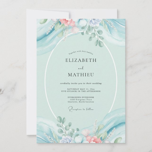 Invitation Mariage Pivoine Aqua Pâle (Devant)