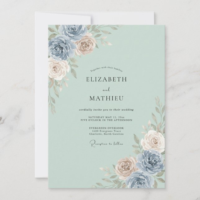 Invitation Mariage Pivoine Ardoise Mousse de Mer (Devant)