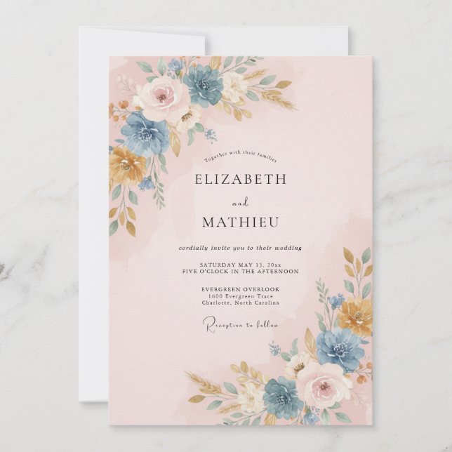 Invitation Mariage Pivoine Ardoise Rose (Devant)