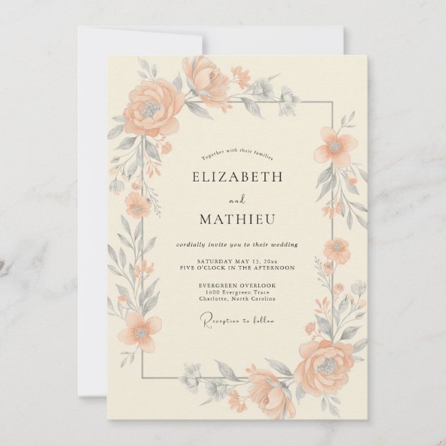 Invitation Mariage Pivoine Argent Abricot (Devant)