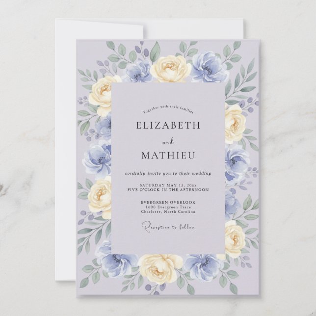Invitation Mariage Pivoine Beurre Pervenche (Devant)