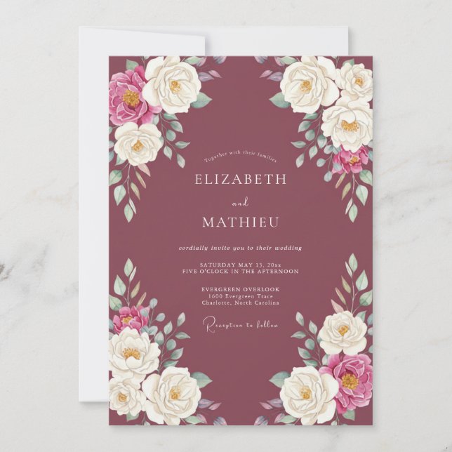 Invitation Mariage Pivoine Blanche et prune (Devant)