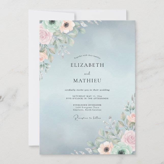 Invitation Mariage Pivoine Bleue Douce Poudrée (Devant)