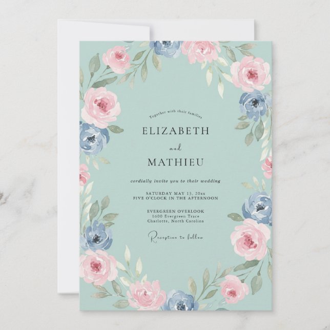 Invitation Mariage Pivoine Bleuet Aqua (Devant)