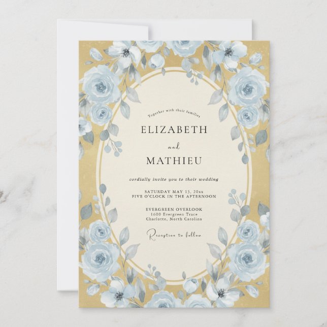 Invitation Mariage Pivoine Bleuet Doré (Devant)