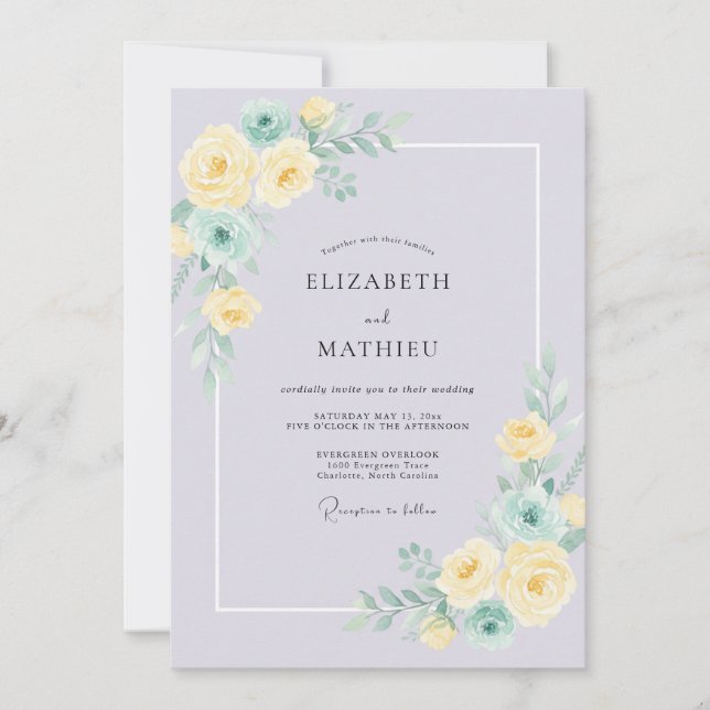 Invitation Mariage Pivoine Bouton d'Or Pervenche (Devant)