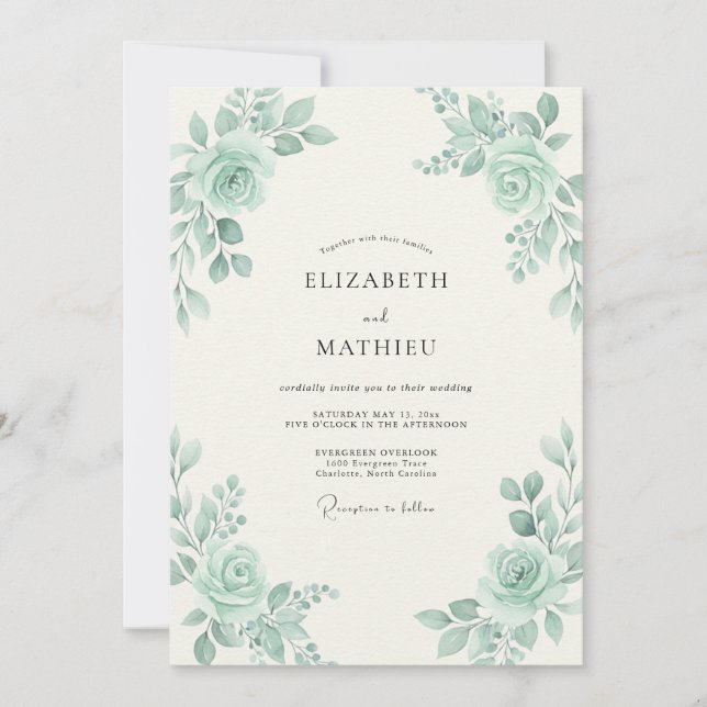 Invitation Mariage Pivoine Céladon Atténué (Devant)