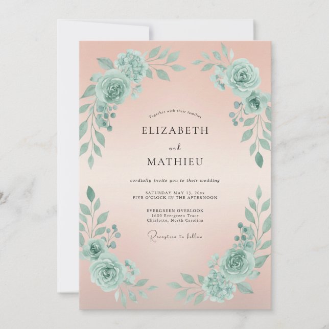 Invitation Mariage Pivoine Céladon Pêche (Devant)
