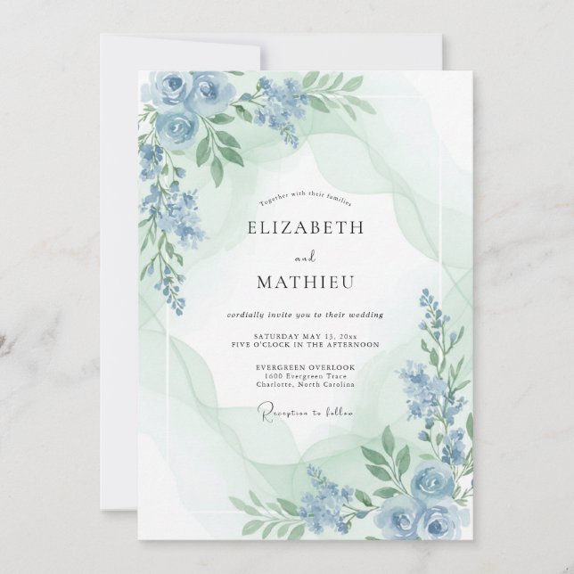 Invitation Mariage Pivoine Céladon Pervenche (Devant)