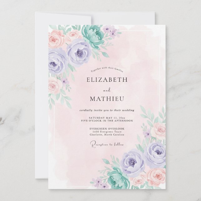 Invitation Mariage Pivoine Céladon Pervenche de Jardin (Devant)