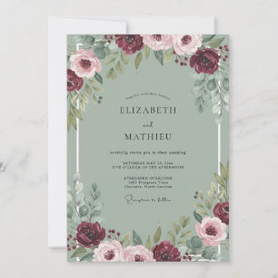 Invitation Mariage Pivoine Céladon Poussiéreux bordeaux