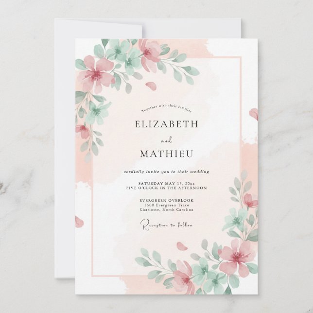 Invitation Mariage Pivoine Céladon Rosé (Devant)