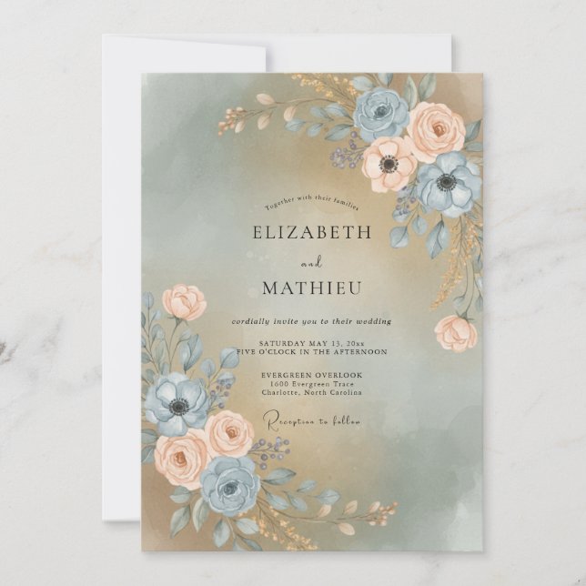 Invitation Mariage Pivoine Champagne Chaud Ardoise (Devant)