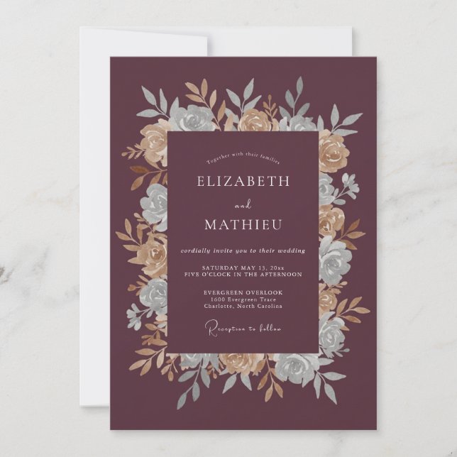 Invitation Mariage Pivoine Champagne Chaud Prune (Devant)