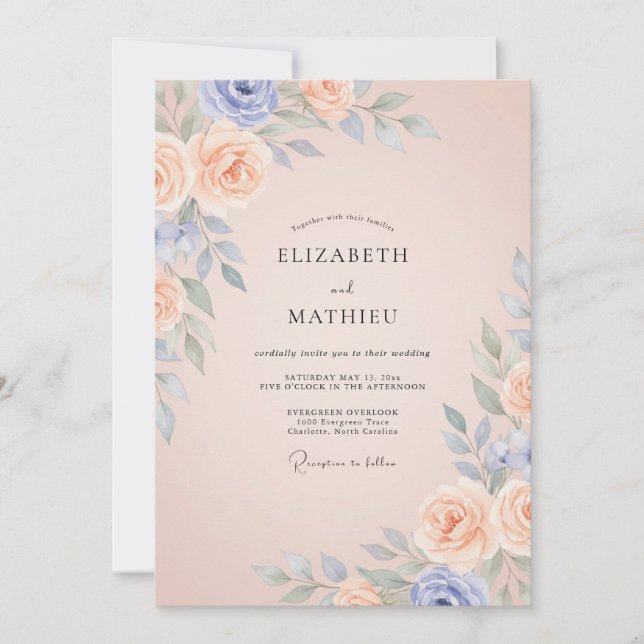 Invitation Mariage Pivoine Champagne Pervenche (Devant)