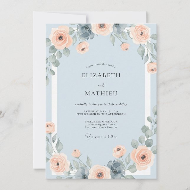 Invitation Mariage Pivoine Ciel Abricot (Devant)
